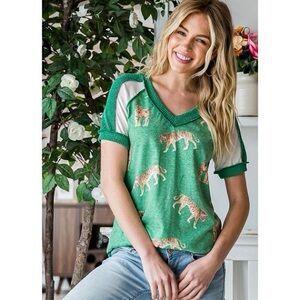 BRAND NEW WITH TAGS Green Tiger Print Color Block V-Neck Top